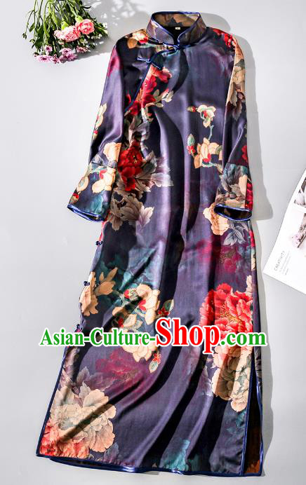 Asian Chinese Classical Cheongsam Traditional Printing Peony Purple Silk Qipao Dress Clothing Asian Chinese Classical Cheongsam Traditional Printing Peony Purple Silk Qipao Dress Clothing