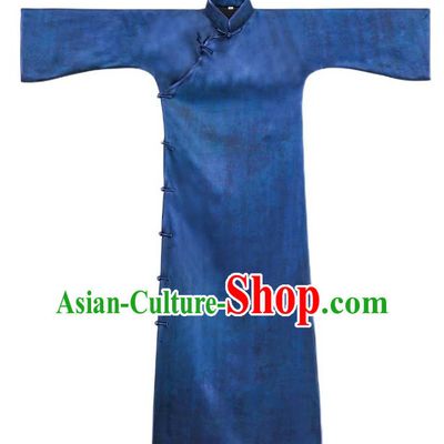 Asian Chinese Classical Wide Sleeve Cheongsam Traditional Blue Silk Long Qipao Dress Clothing