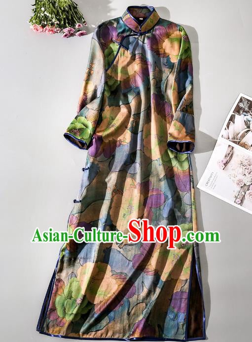 Asian Chinese Classical Camellia Pattern Cheongsam Traditional Silk Long Qipao Dress Female Clothing Asian Chinese Classical Camellia Pattern Cheongsam Traditional Silk Long Qipao Dress Female Clothing