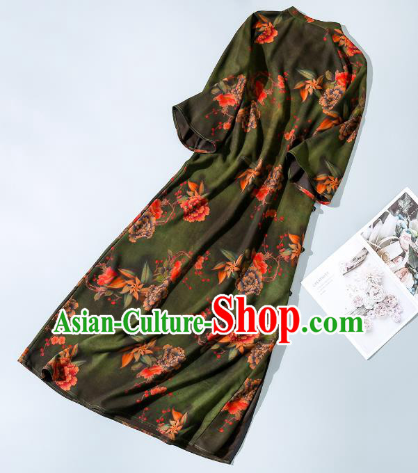 Asian Chinese Traditional Green Silk Long Qipao Dress Female Clothing Classical Peony Pattern Cheongsam Asian Chinese Traditional Green Silk Long Qipao Dress Female Clothing Classical Peony Pattern Cheongsam