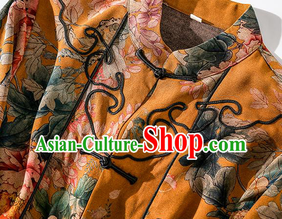 China Classical Outer Garment Costume Traditional Tang Suit Yellow Silk Long Dust Coat China Classical Outer Garment Costume Traditional Tang Suit Yellow Silk Long Dust Coat