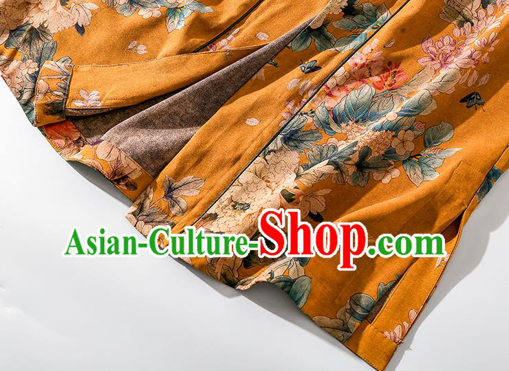 China Classical Outer Garment Costume Traditional Tang Suit Yellow Silk Long Dust Coat China Classical Outer Garment Costume Traditional Tang Suit Yellow Silk Long Dust Coat