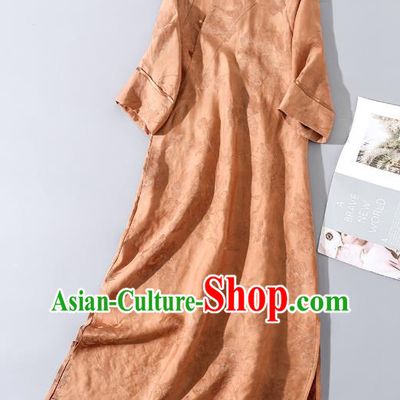 Asian Chinese Woman Clothing Classical Cheongsam Traditional Apricot Silk Long Qipao Dress