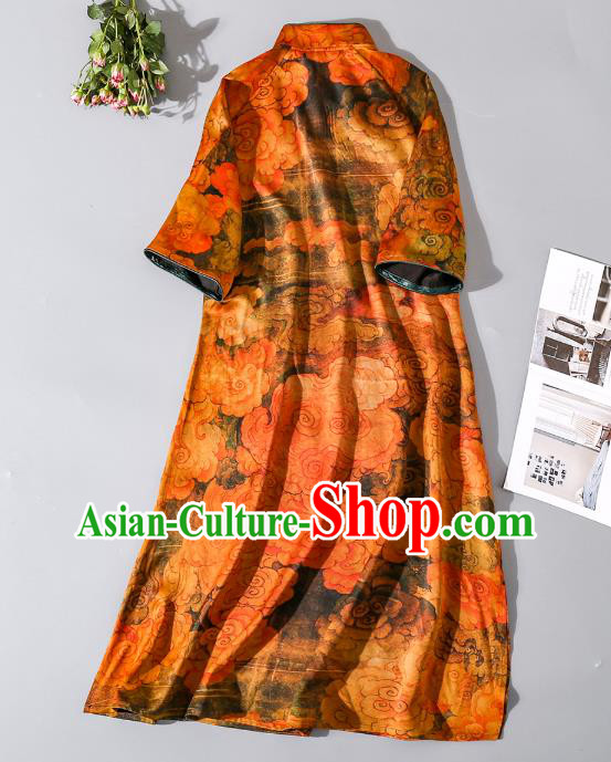 Asian Chinese Traditional Orange Silk Long Qipao Dress Woman Clothing Classical Clouds Pattern Cheongsam Asian Chinese Traditional Orange Silk Long Qipao Dress Woman Clothing Classical Clouds Pattern Cheongsam