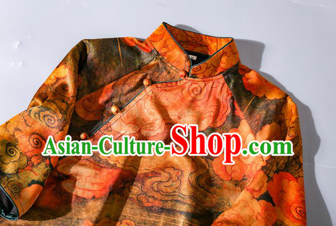 Asian Chinese Traditional Orange Silk Long Qipao Dress Woman Clothing Classical Clouds Pattern Cheongsam Asian Chinese Traditional Orange Silk Long Qipao Dress Woman Clothing Classical Clouds Pattern Cheongsam