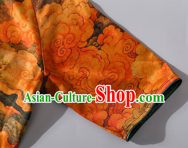 Asian Chinese Traditional Orange Silk Long Qipao Dress Woman Clothing Classical Clouds Pattern Cheongsam Asian Chinese Traditional Orange Silk Long Qipao Dress Woman Clothing Classical Clouds Pattern Cheongsam