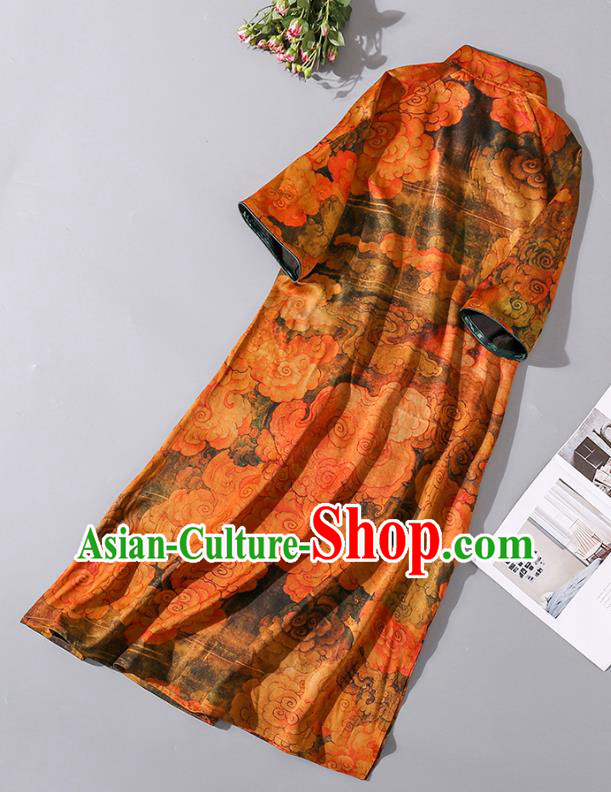 Asian Chinese Traditional Orange Silk Long Qipao Dress Woman Clothing Classical Clouds Pattern Cheongsam Asian Chinese Traditional Orange Silk Long Qipao Dress Woman Clothing Classical Clouds Pattern Cheongsam