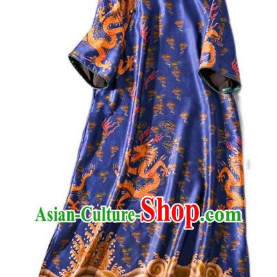 Asian Chinese Traditional Woman Royalblue Silk Long Qipao Dress Classical Dragons Pattern Brocade Cheongsam Clothing
