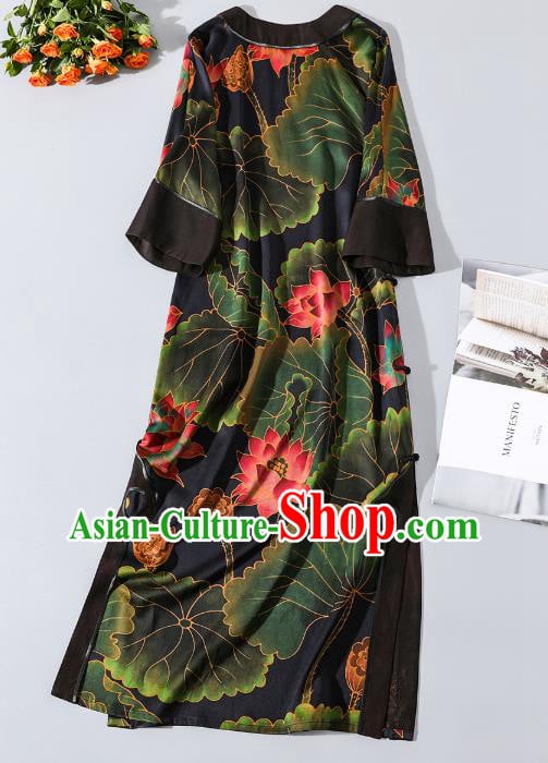 Asian Chinese Traditional Woman Black Silk Qipao Dress Classical Lotus Pattern Cheongsam Clothing Asian Chinese Traditional Woman Black Silk Qipao Dress Classical Lotus Pattern Cheongsam Clothing