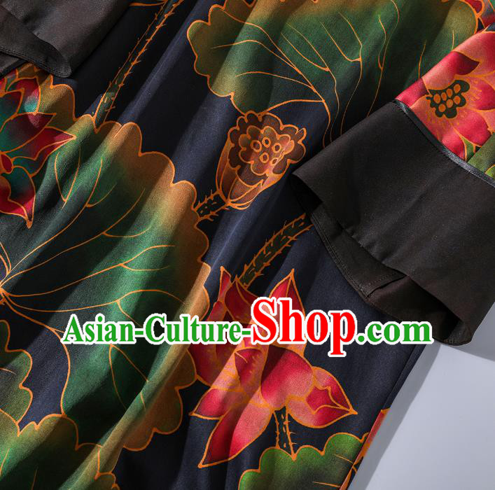 Asian Chinese Traditional Woman Black Silk Qipao Dress Classical Lotus Pattern Cheongsam Clothing Asian Chinese Traditional Woman Black Silk Qipao Dress Classical Lotus Pattern Cheongsam Clothing