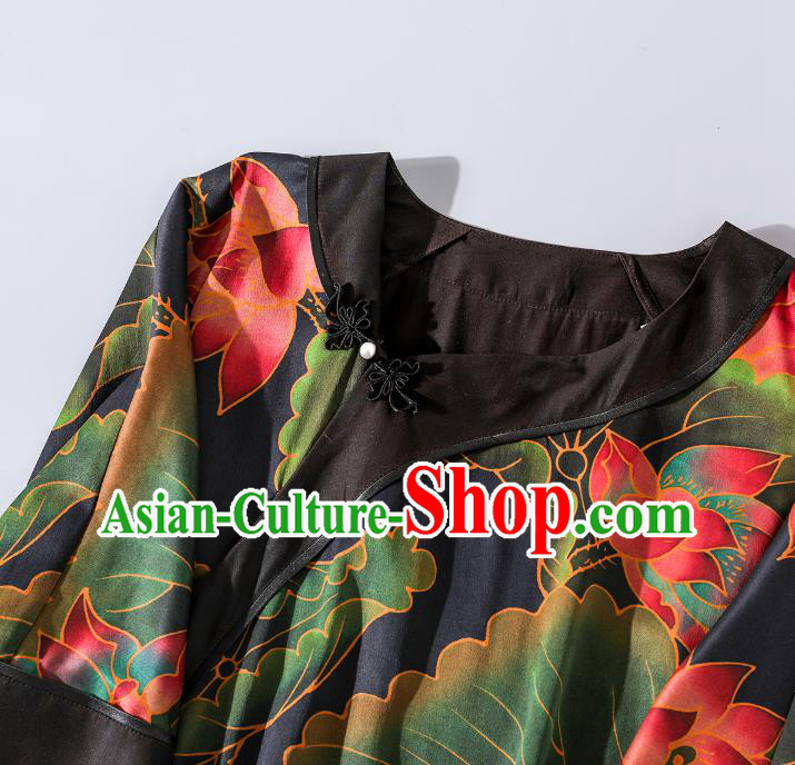 Asian Chinese Traditional Woman Black Silk Qipao Dress Classical Lotus Pattern Cheongsam Clothing Asian Chinese Traditional Woman Black Silk Qipao Dress Classical Lotus Pattern Cheongsam Clothing