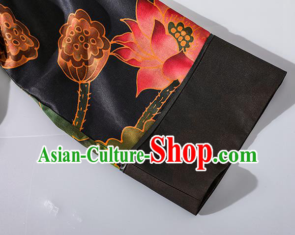 Asian Chinese Traditional Woman Black Silk Qipao Dress Classical Lotus Pattern Cheongsam Clothing Asian Chinese Traditional Woman Black Silk Qipao Dress Classical Lotus Pattern Cheongsam Clothing