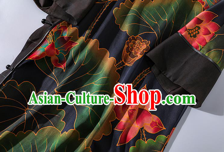 Asian Chinese Traditional Woman Black Silk Qipao Dress Classical Lotus Pattern Cheongsam Clothing Asian Chinese Traditional Woman Black Silk Qipao Dress Classical Lotus Pattern Cheongsam Clothing