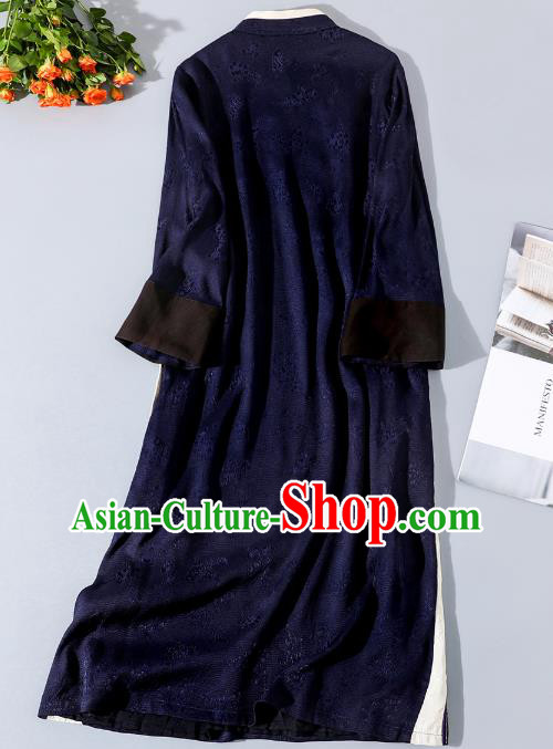 Asian Chinese Traditional Woman Deep Blue Qipao Dress Classical Silk Cheongsam Embroidered Clothing Asian Chinese Traditional Woman Deep Blue Qipao Dress Classical Silk Cheongsam Embroidered Clothing