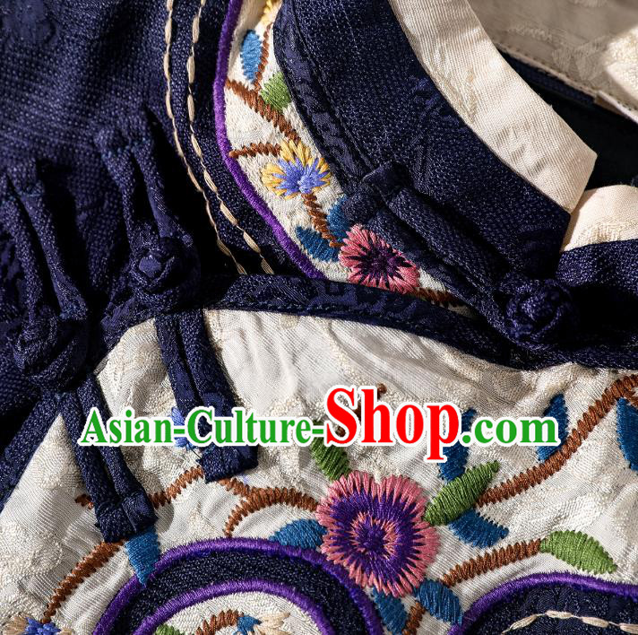 Asian Chinese Traditional Woman Deep Blue Qipao Dress Classical Silk Cheongsam Embroidered Clothing Asian Chinese Traditional Woman Deep Blue Qipao Dress Classical Silk Cheongsam Embroidered Clothing