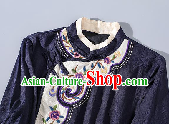 Asian Chinese Traditional Woman Deep Blue Qipao Dress Classical Silk Cheongsam Embroidered Clothing Asian Chinese Traditional Woman Deep Blue Qipao Dress Classical Silk Cheongsam Embroidered Clothing