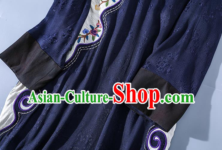 Asian Chinese Traditional Woman Deep Blue Qipao Dress Classical Silk Cheongsam Embroidered Clothing Asian Chinese Traditional Woman Deep Blue Qipao Dress Classical Silk Cheongsam Embroidered Clothing