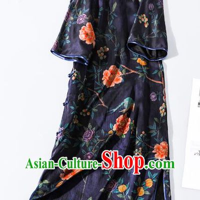 Asian Chinese National Clothing Classical Shanghai Navy Blue Silk Cheongsam Traditional Gambiered Guangdong Gauze Qipao Dress