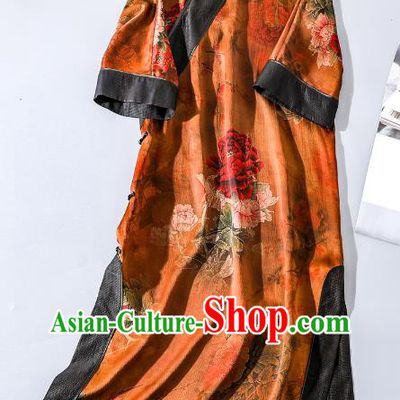Asian Chinese Traditional Peony Pattern Qipao Dress National Clothing Classical Shanghai Beauty Orange Silk Cheongsam