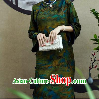 Asian Chinese Classical Stand Collar Cheongsam Clothing Traditional Green Silk Qipao Dress