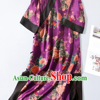 Asian Chinese Classical Young Lady Purple Silk Cheongsam Traditional Peony Pattern Qipao Dress National Clothing