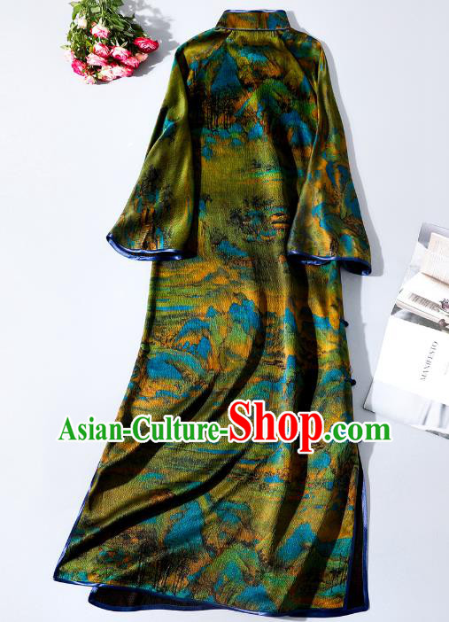 Asian Chinese Classical Stand Collar Cheongsam Clothing Traditional Green Silk Qipao Dress Asian Chinese Classical Stand Collar Cheongsam Clothing Traditional Green Silk Qipao Dress