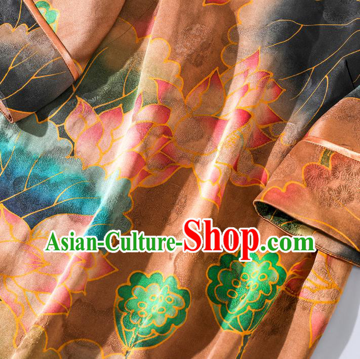 Asian Chinese Classical Orange Silk Cheongsam National Clothing Traditional Lotus Pattern Qipao Dress Asian Chinese Classical Orange Silk Cheongsam National Clothing Traditional Lotus Pattern Qipao Dress