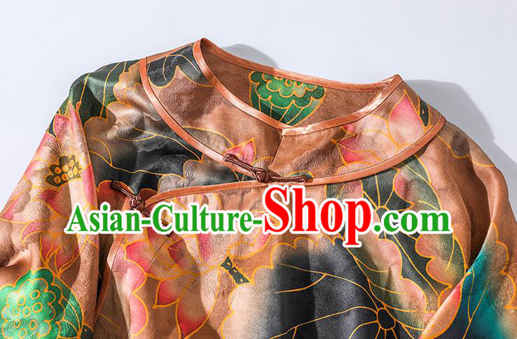 Asian Chinese Classical Orange Silk Cheongsam National Clothing Traditional Lotus Pattern Qipao Dress Asian Chinese Classical Orange Silk Cheongsam National Clothing Traditional Lotus Pattern Qipao Dress