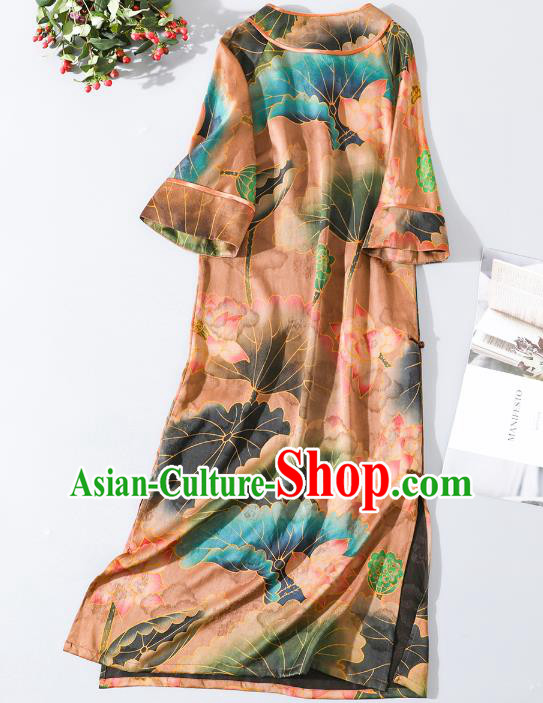 Asian Chinese Classical Orange Silk Cheongsam National Clothing Traditional Lotus Pattern Qipao Dress Asian Chinese Classical Orange Silk Cheongsam National Clothing Traditional Lotus Pattern Qipao Dress