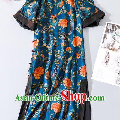 Asian Chinese Qing Dynasty Court Lady Clothing Traditional Phoenix Peony Pattern Qipao Dress Classical Blue Silk Cheongsam