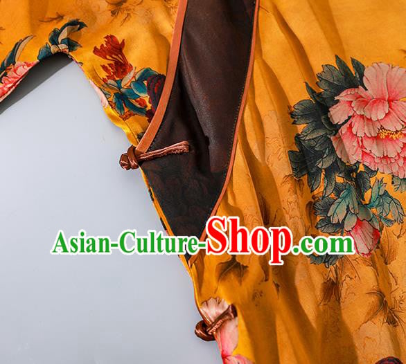 Asian Chinese Traditional Yellow Silk Qipao Dress Clothing Classical Peony Pattern Cheongsam