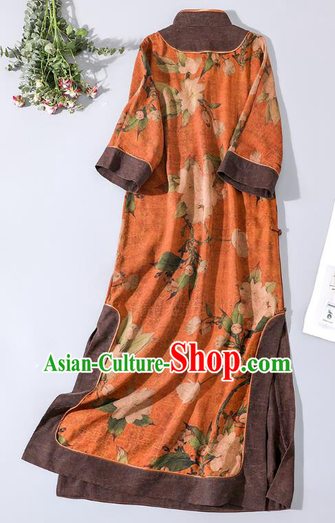 Asian Chinese Traditional Shanghai Orange Silk Qipao Dress Clothing Classical Mangnolia Pattern Design Cheongsam Asian Chinese Traditional Shanghai Orange Silk Qipao Dress Clothing Classical Mangnolia Pattern Design Cheongsam