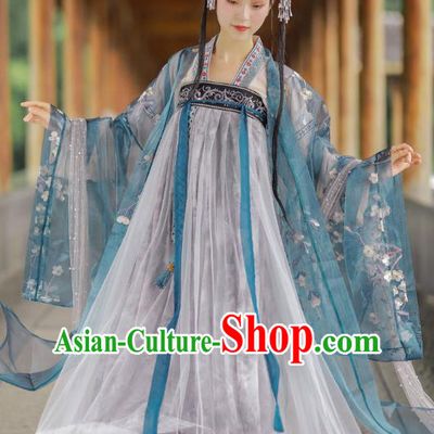 Chinese Ancient Palace Lady Blue Hanfu Dress Traditional Tang Dynasty Royal Princess Historical Costumes