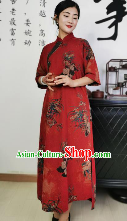 Asian Chinese Classical Stand Collar Cheongsam Costume Traditional Printing Orchids Red Silk Qipao Dress Asian Chinese Classical Stand Collar Cheongsam Costume Traditional Printing Orchids Red Silk Qipao Dress