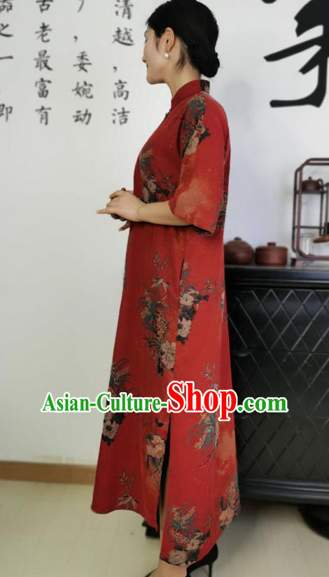 Asian Chinese Classical Stand Collar Cheongsam Costume Traditional Printing Orchids Red Silk Qipao Dress Asian Chinese Classical Stand Collar Cheongsam Costume Traditional Printing Orchids Red Silk Qipao Dress