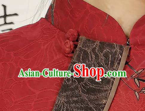 Asian Chinese Classical Stand Collar Cheongsam Costume Traditional Printing Orchids Red Silk Qipao Dress Asian Chinese Classical Stand Collar Cheongsam Costume Traditional Printing Orchids Red Silk Qipao Dress