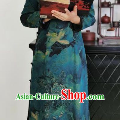 Asian Chinese Classical Lotus Pattern Cheongsam Costume Traditional Dark Green Silk Qipao Dress