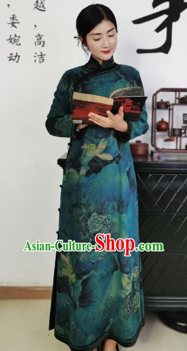 Asian Chinese Classical Lotus Pattern Cheongsam Costume Traditional Dark Green Silk Qipao Dress Asian Chinese Classical Lotus Pattern Cheongsam Costume Traditional Dark Green Silk Qipao Dress