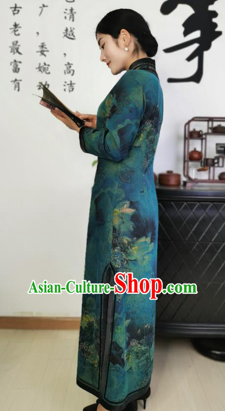 Asian Chinese Classical Lotus Pattern Cheongsam Costume Traditional Dark Green Silk Qipao Dress Asian Chinese Classical Lotus Pattern Cheongsam Costume Traditional Dark Green Silk Qipao Dress