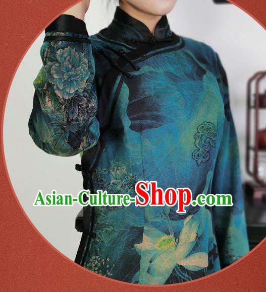 Asian Chinese Classical Lotus Pattern Cheongsam Costume Traditional Dark Green Silk Qipao Dress Asian Chinese Classical Lotus Pattern Cheongsam Costume Traditional Dark Green Silk Qipao Dress