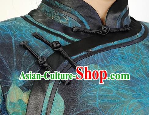 Asian Chinese Classical Lotus Pattern Cheongsam Costume Traditional Dark Green Silk Qipao Dress Asian Chinese Classical Lotus Pattern Cheongsam Costume Traditional Dark Green Silk Qipao Dress