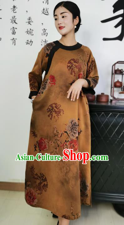 Asian Chinese Traditional Ginger Silk Qipao Dress Classical Peony Pattern Cheongsam Costume Asian Chinese Traditional Ginger Silk Qipao Dress Classical Peony Pattern Cheongsam Costume