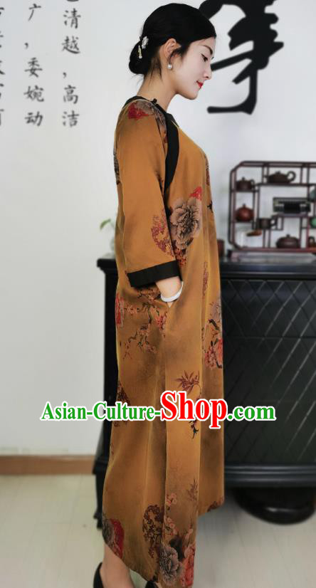 Asian Chinese Traditional Ginger Silk Qipao Dress Classical Peony Pattern Cheongsam Costume Asian Chinese Traditional Ginger Silk Qipao Dress Classical Peony Pattern Cheongsam Costume