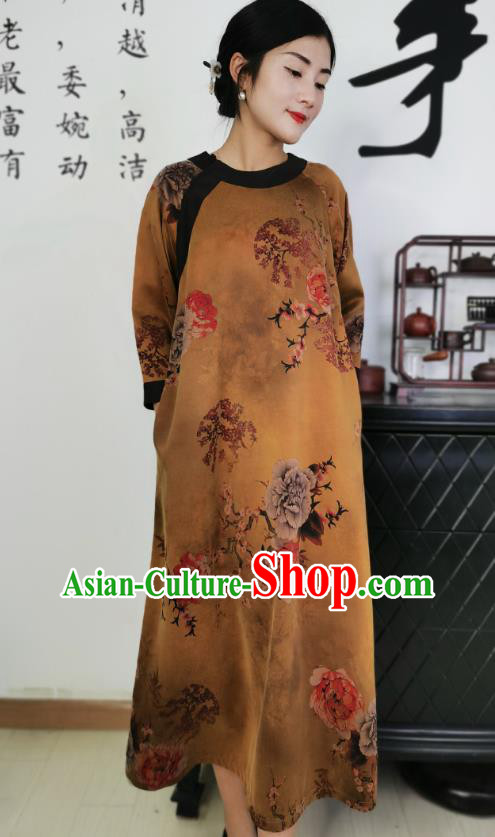Asian Chinese Traditional Ginger Silk Qipao Dress Classical Peony Pattern Cheongsam Costume Asian Chinese Traditional Ginger Silk Qipao Dress Classical Peony Pattern Cheongsam Costume
