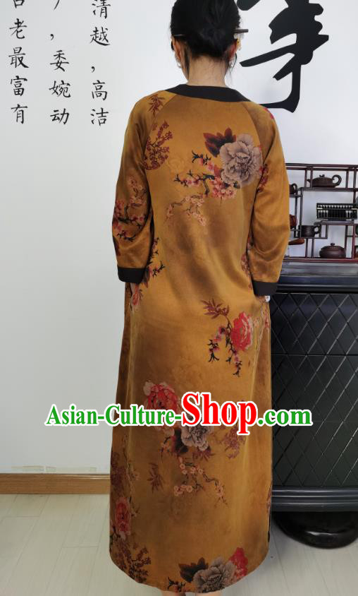 Asian Chinese Traditional Ginger Silk Qipao Dress Classical Peony Pattern Cheongsam Costume Asian Chinese Traditional Ginger Silk Qipao Dress Classical Peony Pattern Cheongsam Costume