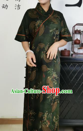 Asian Chinese Traditional Dark Green Silk Qipao Dress Classical Slant Opening Cheongsam Costume Asian Chinese Traditional Dark Green Silk Qipao Dress Classical Slant Opening Cheongsam Costume