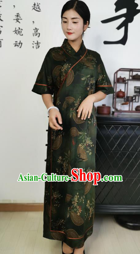 Asian Chinese Traditional Dark Green Silk Qipao Dress Classical Slant Opening Cheongsam Costume Asian Chinese Traditional Dark Green Silk Qipao Dress Classical Slant Opening Cheongsam Costume