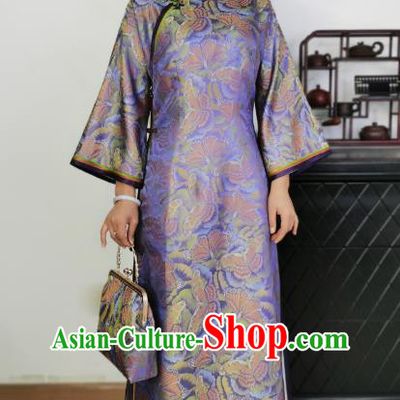 Asian Chinese Traditional Purple Brocade Qipao Dress Classical Elderly Woman Silk Cheongsam Costume