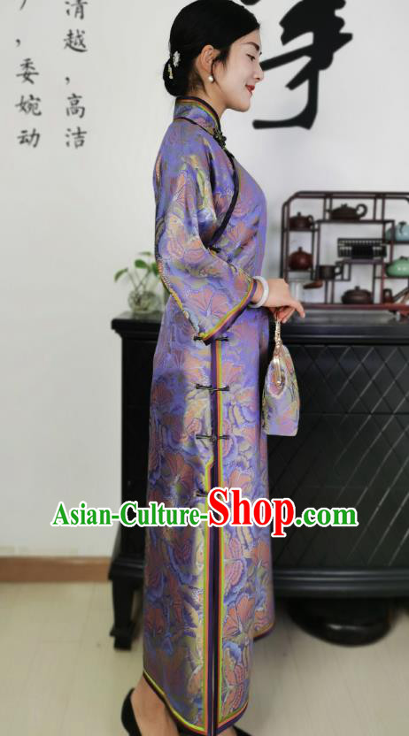 Asian Chinese Traditional Purple Brocade Qipao Dress Classical Elderly Woman Silk Cheongsam Costume Asian Chinese Traditional Purple Brocade Qipao Dress Classical Elderly Woman Silk Cheongsam Costume