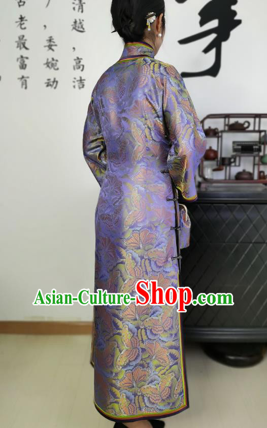 Asian Chinese Traditional Purple Brocade Qipao Dress Classical Elderly Woman Silk Cheongsam Costume Asian Chinese Traditional Purple Brocade Qipao Dress Classical Elderly Woman Silk Cheongsam Costume